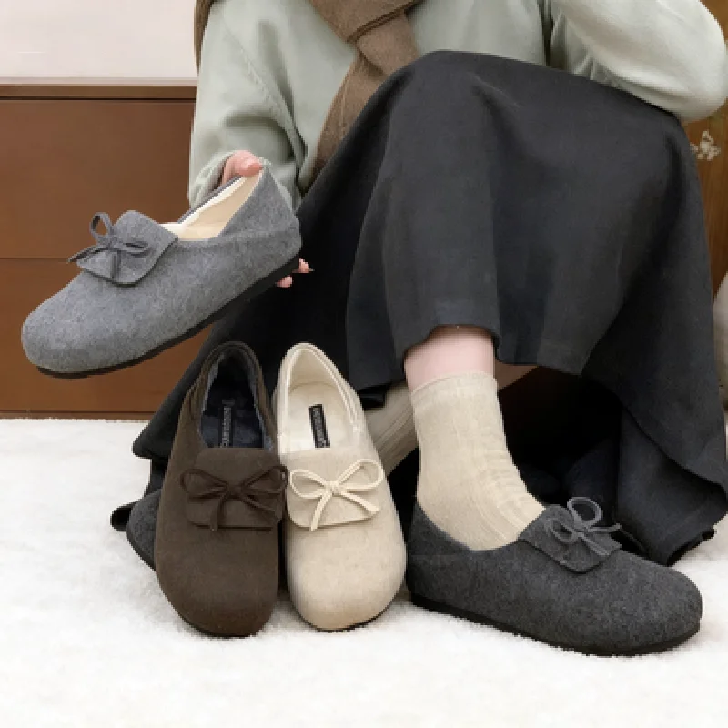 

Retro Suede Short Plush Design Flat Shoes Women Bow Decorative Autumn Winter Comfort Round Toe Loafers Lightweight Walking Shoes