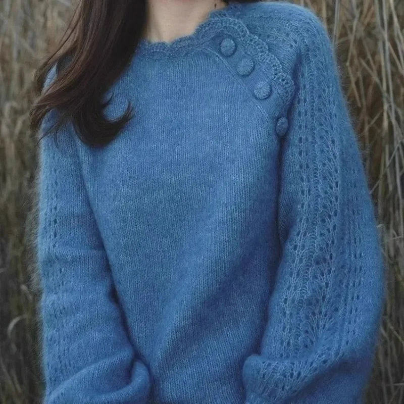 

2025 new Autumn Hollow Out Cashmere pullover women korean fashion Long Sleeve Button female Wool Sweater High End Soft Jumper