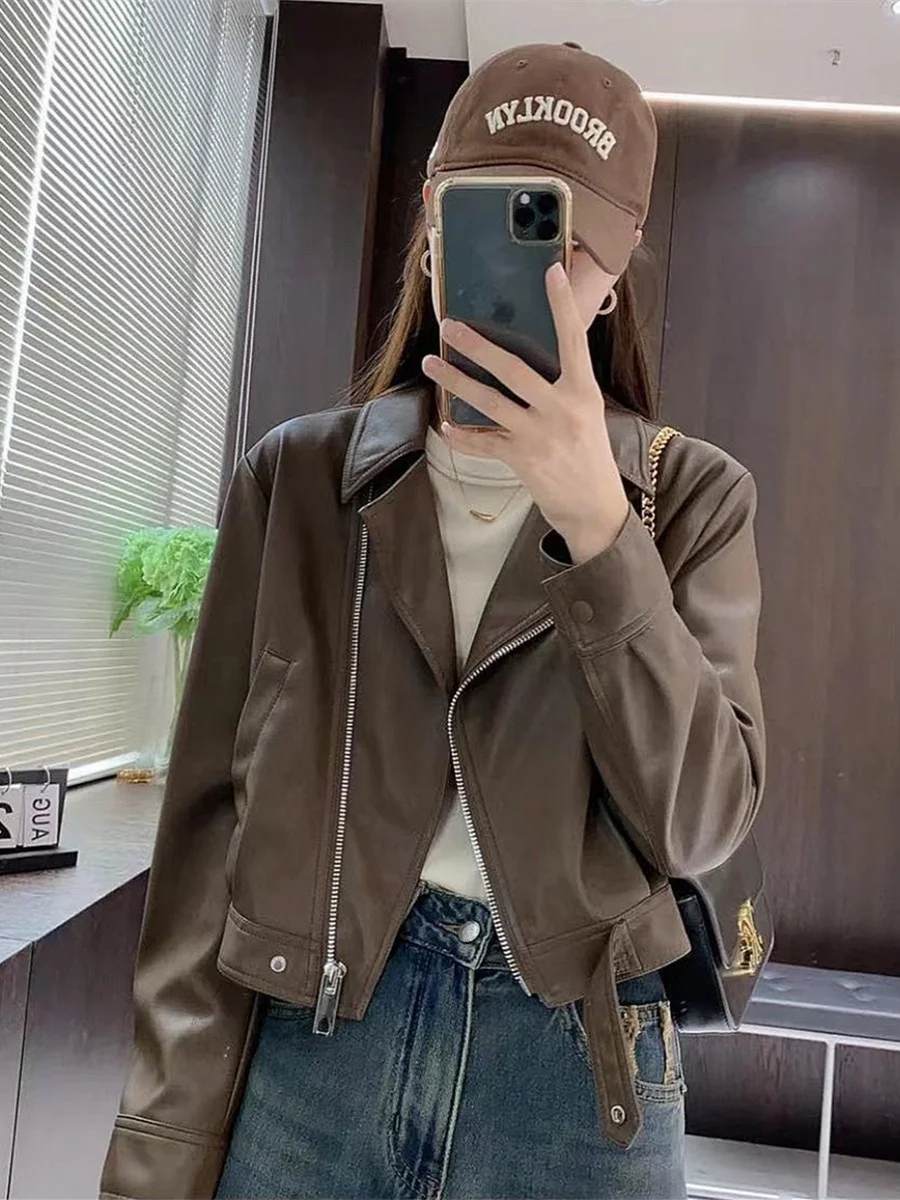 Short PU Leather Jacket Women's Motorcycle Style Fashionable Autumn New Arrival Compact Size Zipper Closure Business Collar