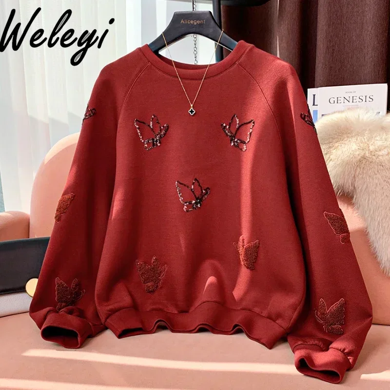 Embroidered Sequins Flocked Butterfly Sweatshirt Jacket Woman 2024 Spring and Autumn New Women's Long Sleeve Pullover Hoodie Top