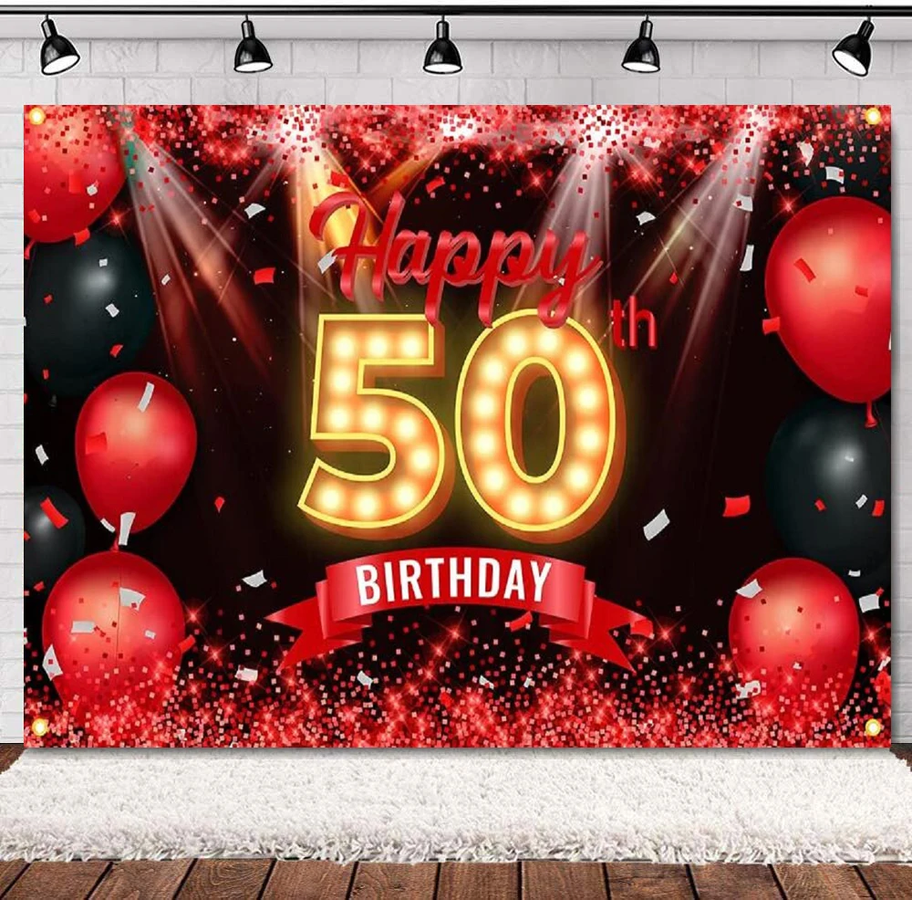 

50th Birthday Party Banner Photography Backdrop Red And Black Decorations Background Poster For Women Men Supplies Glitter