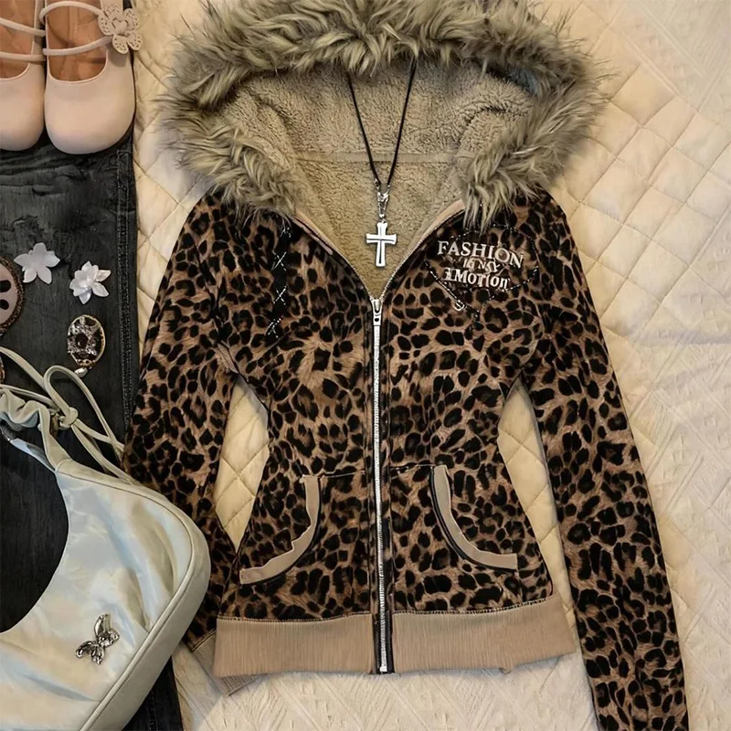 

Худи Y2K с молнией и длинными рукавами, осенне-зимняя, в стиле Харадзюку, винтажная, с леопардовым принтом, приталенная, женская, готическая, с меховым воротником