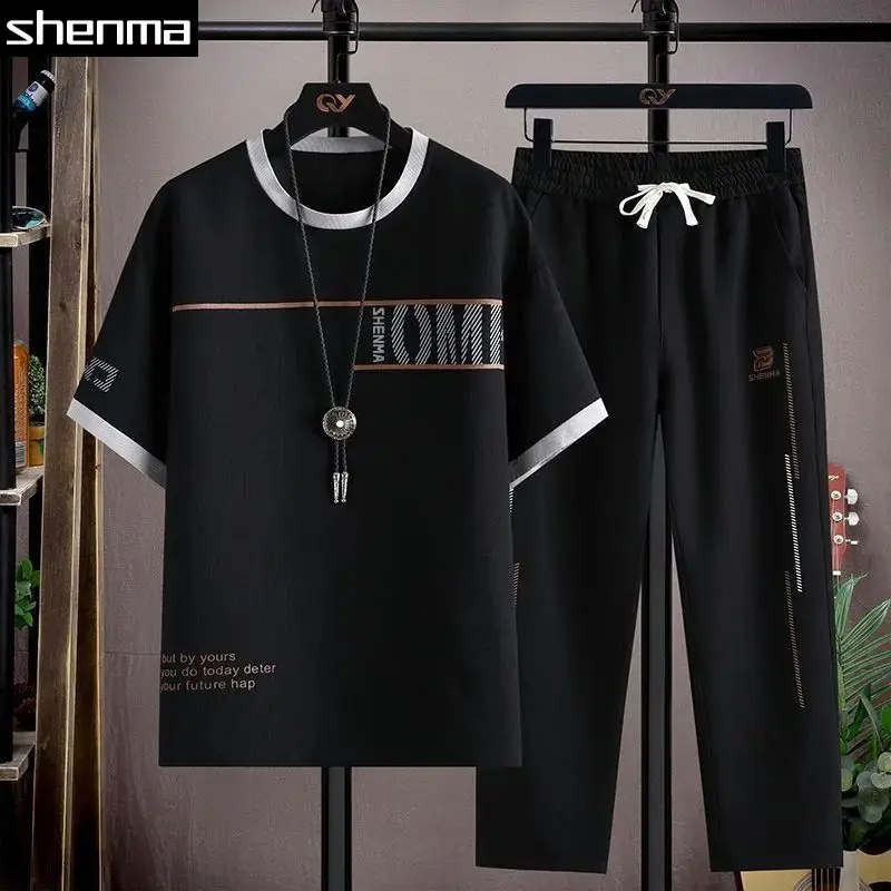 

Summer Casual Sportswear Set Men's Short Sleeve Versatile Long Pants Two-Piece Fashionable Trendy Youth Polyester Fiber T-Shirt