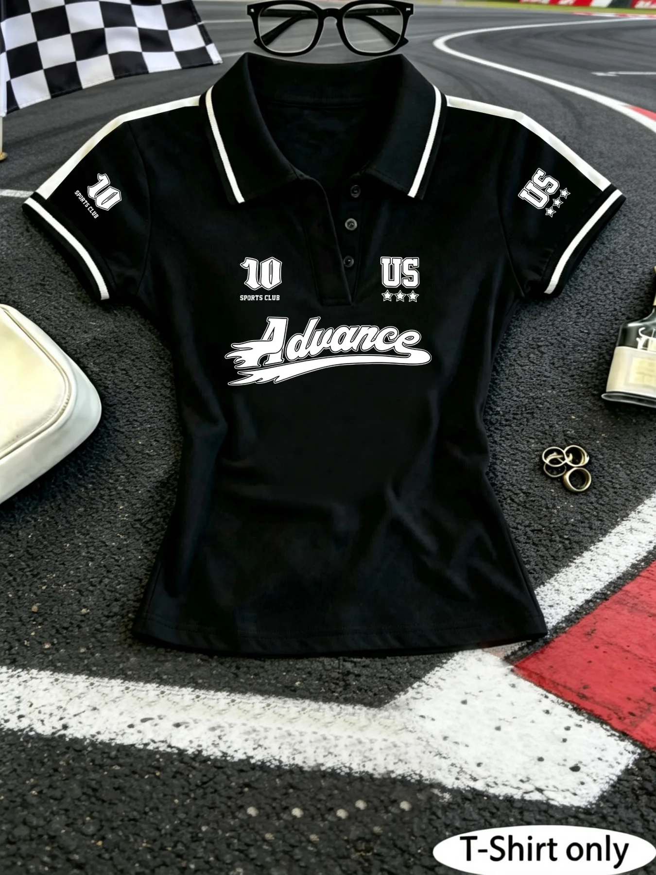 Women Y2K Cropped Polo Shirt, Advance US Star & Number 10 Multi‑Print Short Sleeve,Daily Street Sports Casual Wear