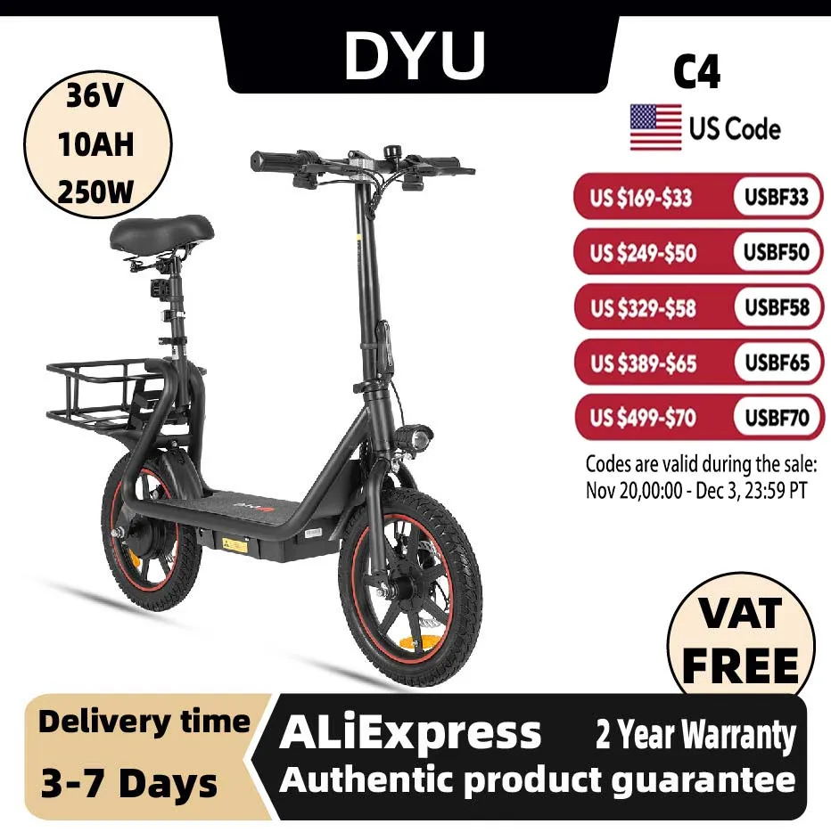 

DYU C4 Adult Electric Bicycle, 250W city ebike, 36V 10AH E-bike, 14 Tire Foldable Electric Bike