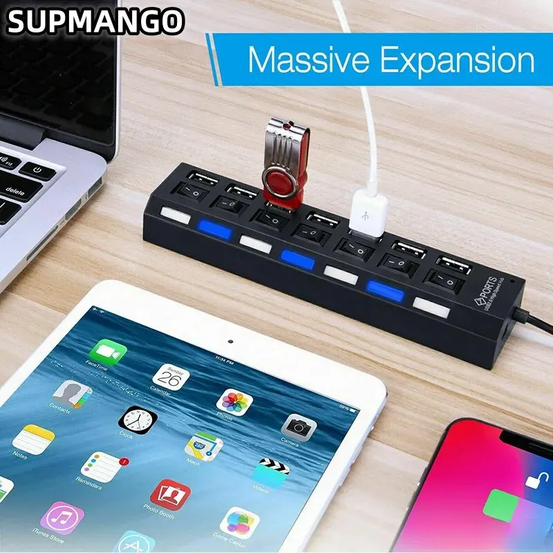 USB HUB USB Commutateur Hub 2.0 Adaptateur Haute Vitesse Multi 7 Ports Hub USB On Off Portable Splitter Pour Ordinateur Portable