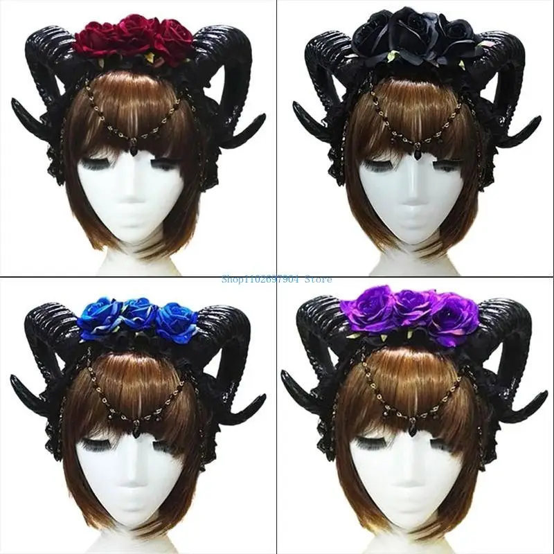 

N7YF Mystical Womens Sheep Horn Headband 3 Rose Flower Jewelry Pendant Chain Hair Hoop for Vampire Gothic Cosplay Headp