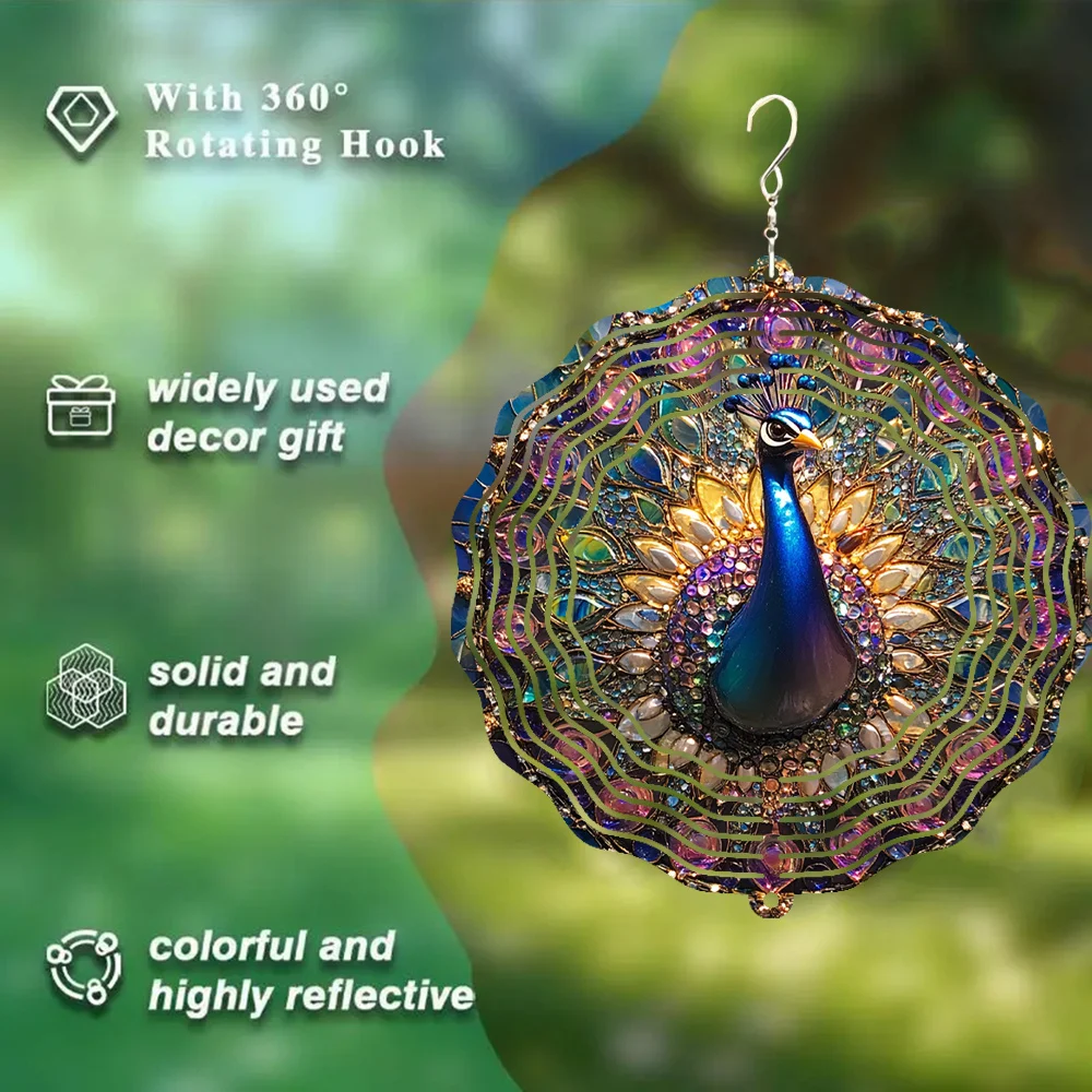 3D A Beautiful Peacock Wind Chime Made of Metal, a Rotating Design with a 360° Swivel Hook That Creates a Striking Dynamic