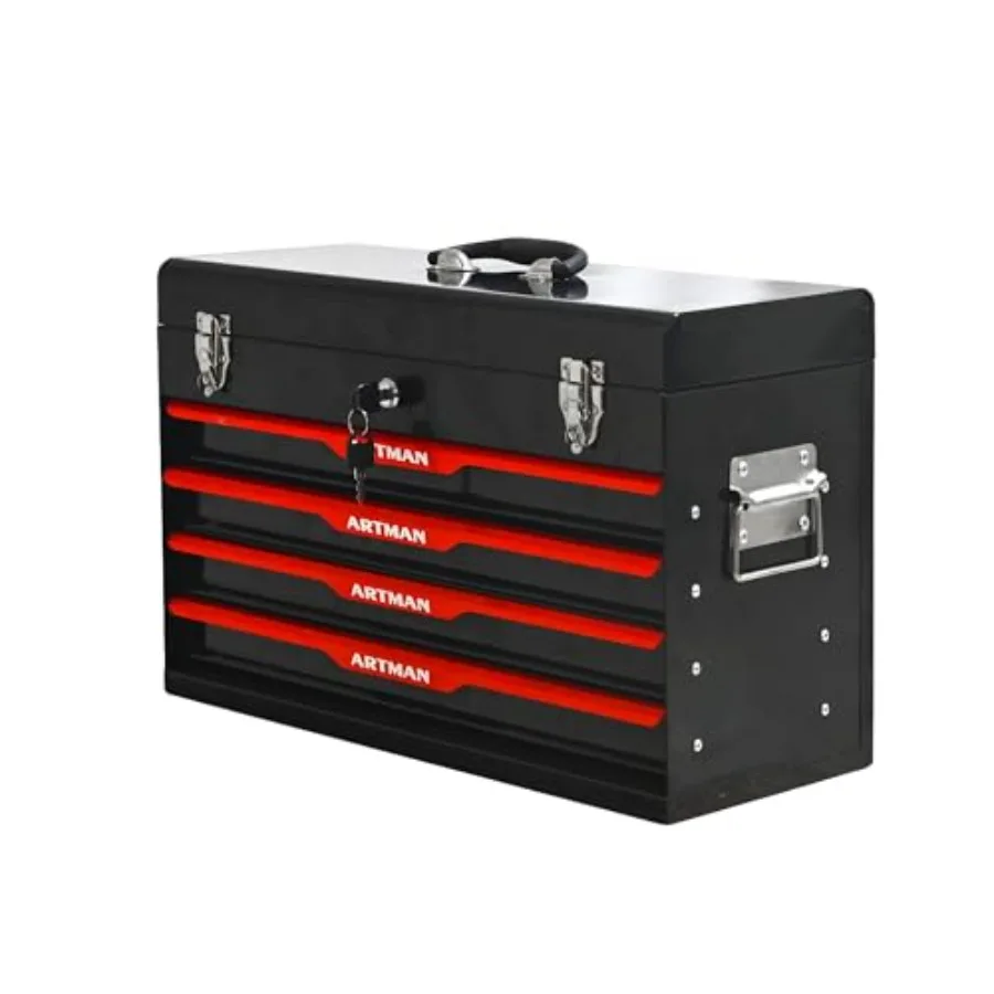 4 Drawer 21 Heavy Duty Metal Tool Box for Workbench, Garage Warehouse: Steel Construction, Black Finish, Secure Key Lock EVA Li