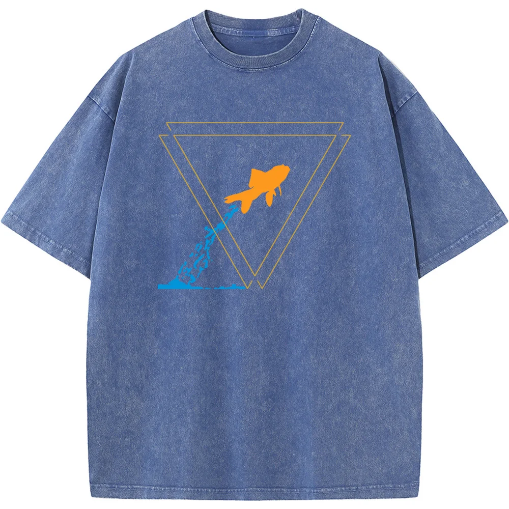 Triangle Goldfish Unisex Washed T-Shirt Novelty 230g Cotton Summer O-Neck Bleached Tshirt Funny Casual Loose Bleach Tops Tee