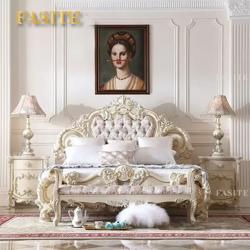 Latest Wooden Furniture Designs Hand Carving Fabric Upholstered Headboard king Size Bed
