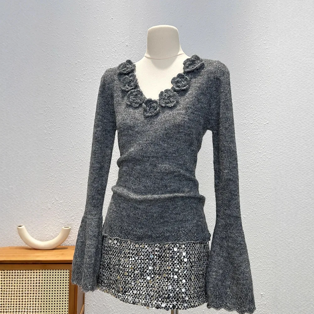 Solid Color Long Sleeve Sweater for Women Fashion Handmade Floral V-Neck Chic Pullovers Slim Fit Jumpers Flare Knit Top