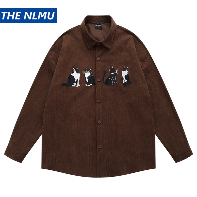 2025 Autumn Long Sleeve Shirt Men‘s Harajuku Cat Embroidered Shirts Hip Hop Streetwear Casual Button Up Blouse Tops