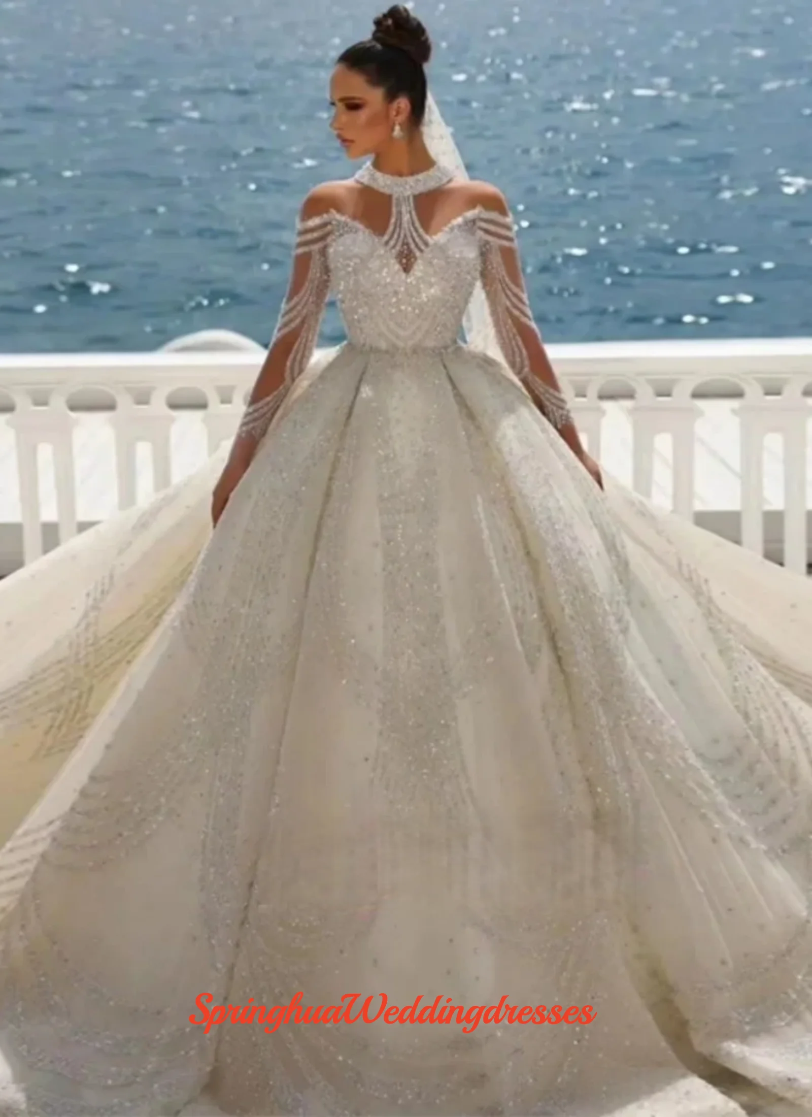 

Изысканные свадебные платья на заказ, фасон А-силуэт, с кружевными аппликациями, длинными рукавами, высоким воротом, для торжеств, Vestidos De Novia