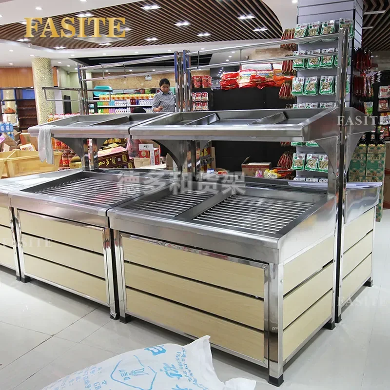 For Stainless Steel Fruit and Vegetable Display Rack Double Sided Fresh Produce Shelf for Supermarket Mall Store Wholesale