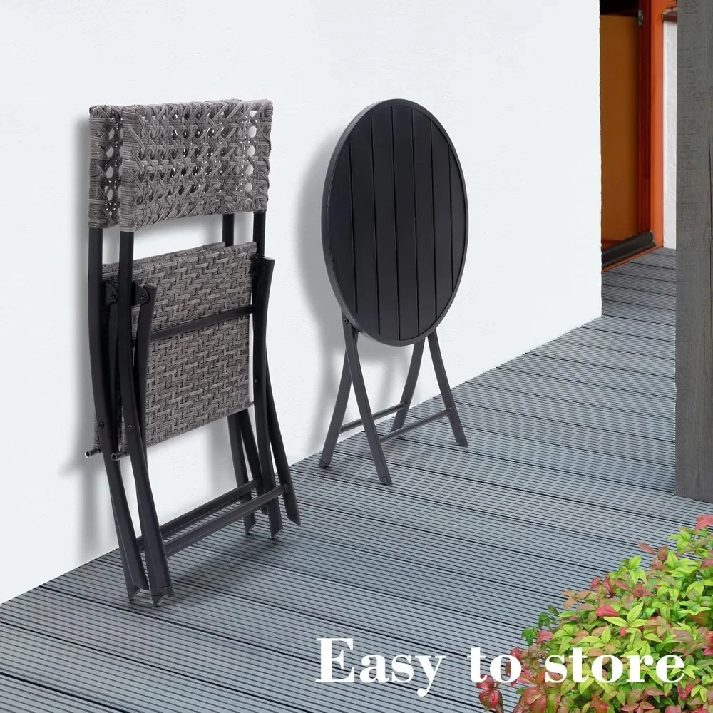 3 Pc 3 Piece Folding Outdoor Bistro, Wicker Furniture Table and Chairs for Garden, Backyard, Porch, Patio Conversation Set