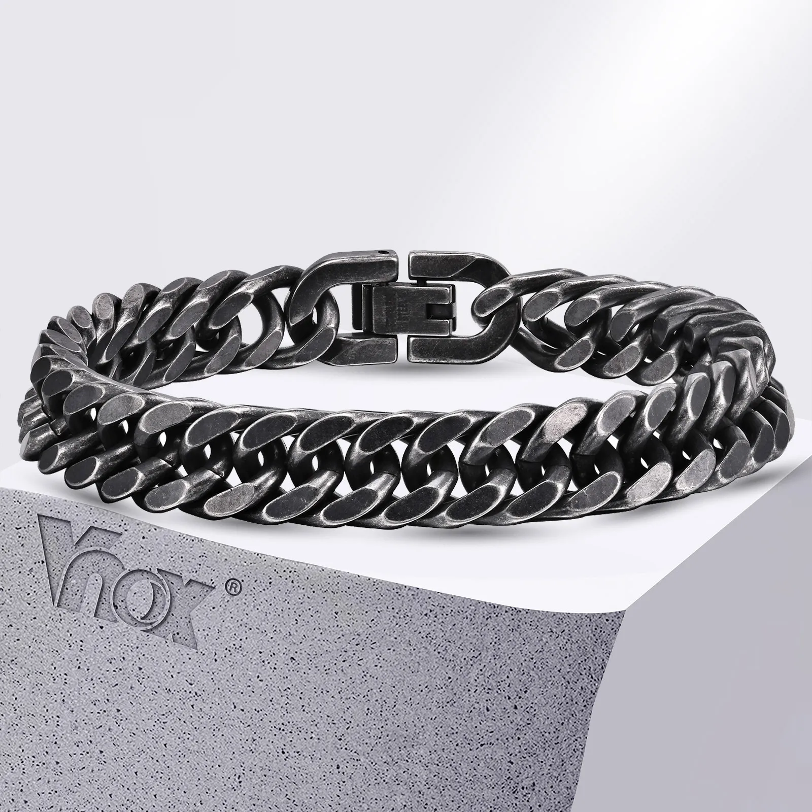 Vnox Thick Heavy Stainless Steel Cuban Chain Bracelets for Men Boys, Oxidized Antique Metal Miami Curb Link Wristband Jewelry