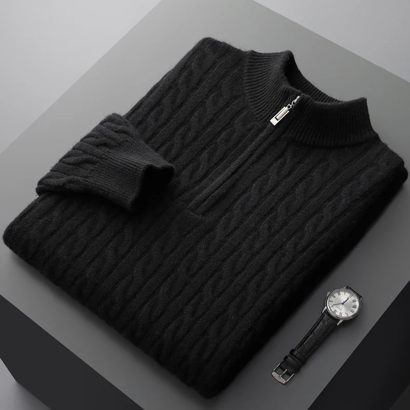 Autumn and winter new men's thickened 100 pure wool sweater half height zipper jacquard pullover sweater solid color knit base