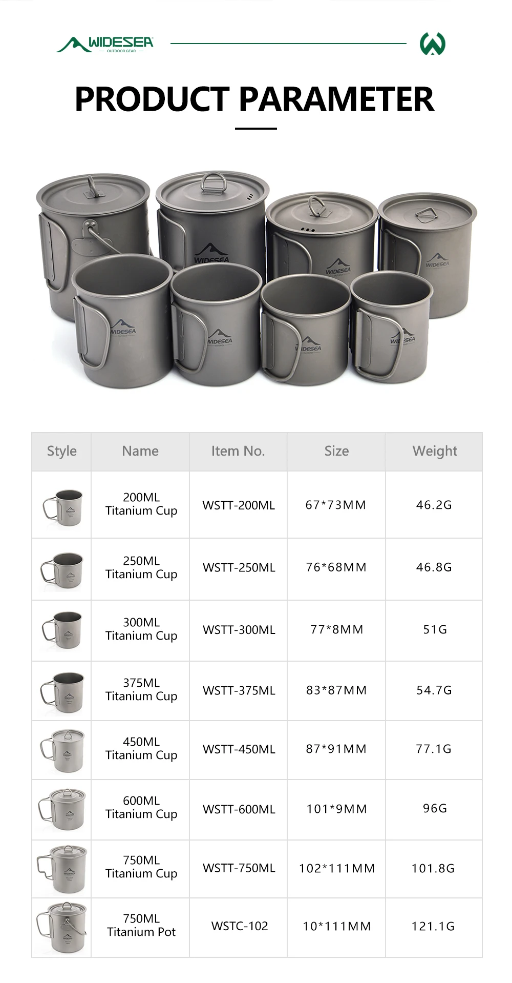 Widesea Ultraleichter Campingbecher aus reinem Titan mit klappbarem Griff, tragbarer Outdoor-Becher mit mehreren Kapazitäten für Wandern und Rucksackreisen – Detail 2