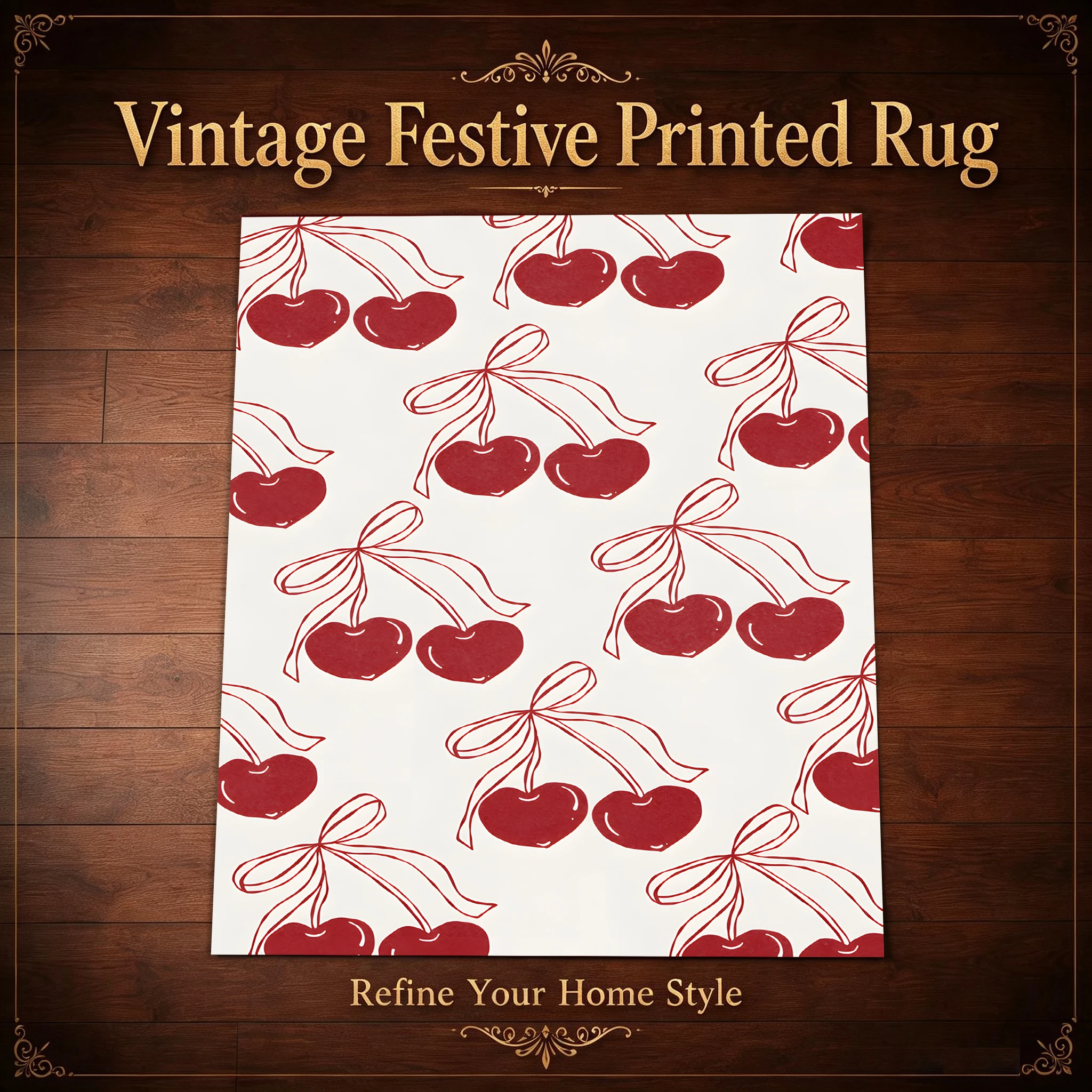 Velvet Rug Wine Red Cherry Bow Print Sweet Style for Bedroom Bedside Living Room Home Decoration
