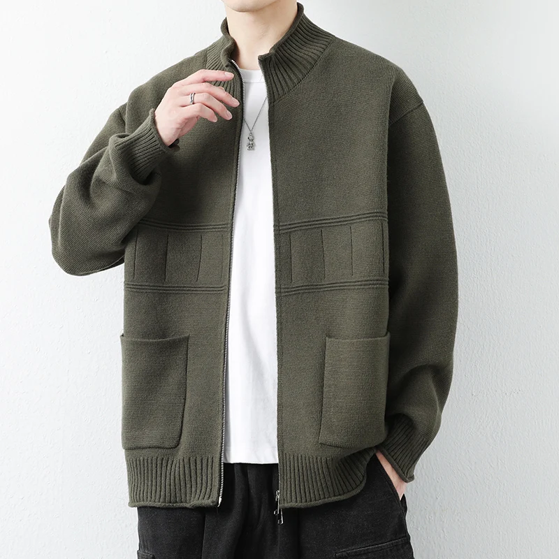 

Мужской вязаный свитер на молнии, утепленный, осенне-зимний, новый, повседневный, свободного кроя, с воротником-стойкой, теплый шерстяной кардиган