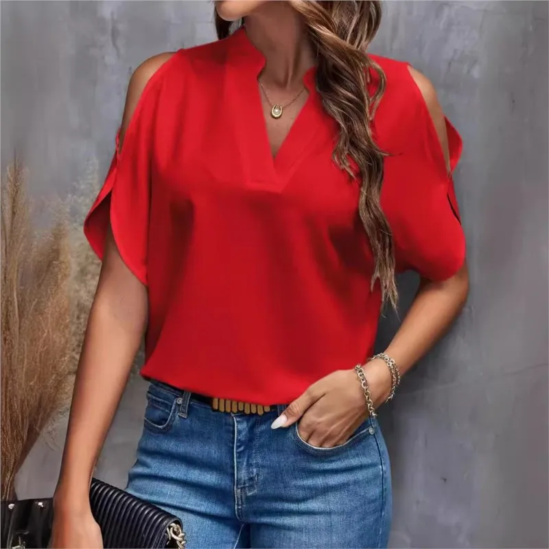 Summer Elegant Women's Blouse New V-neck Short Sleeve Floral Printed Loose Shirt Casual White Tops Office Lady Fashion Blouses