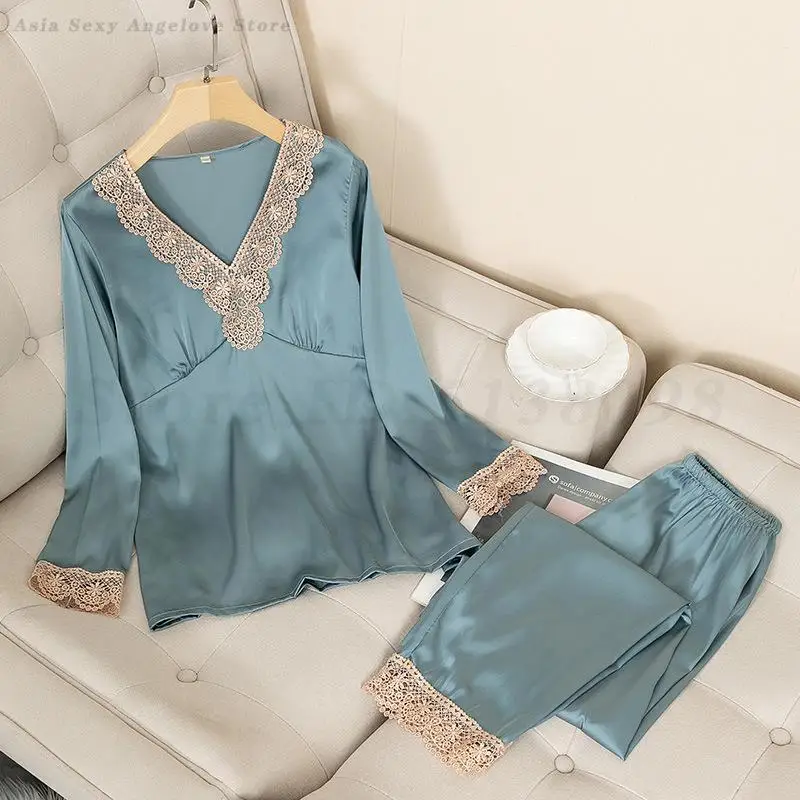 Satin Pajamas Set Faux Silk Women Sleepwear Shirt&Pants Casual Lace Pijamas Lounge Wear Spring Summer New Home Clothes Nightwear