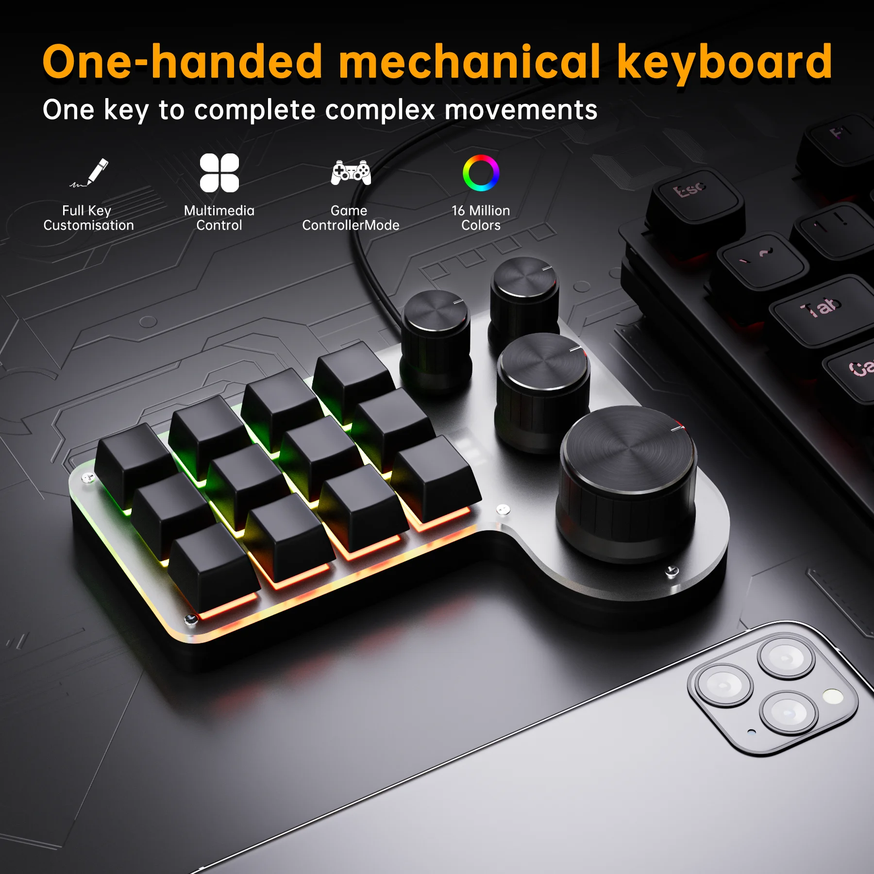 Macro Programming Custom Keyboard 12 Keys 3 Knobs One Hand Mechanical Keypad RGB One Key Copy Paste No Driver Windows IOS Shortc