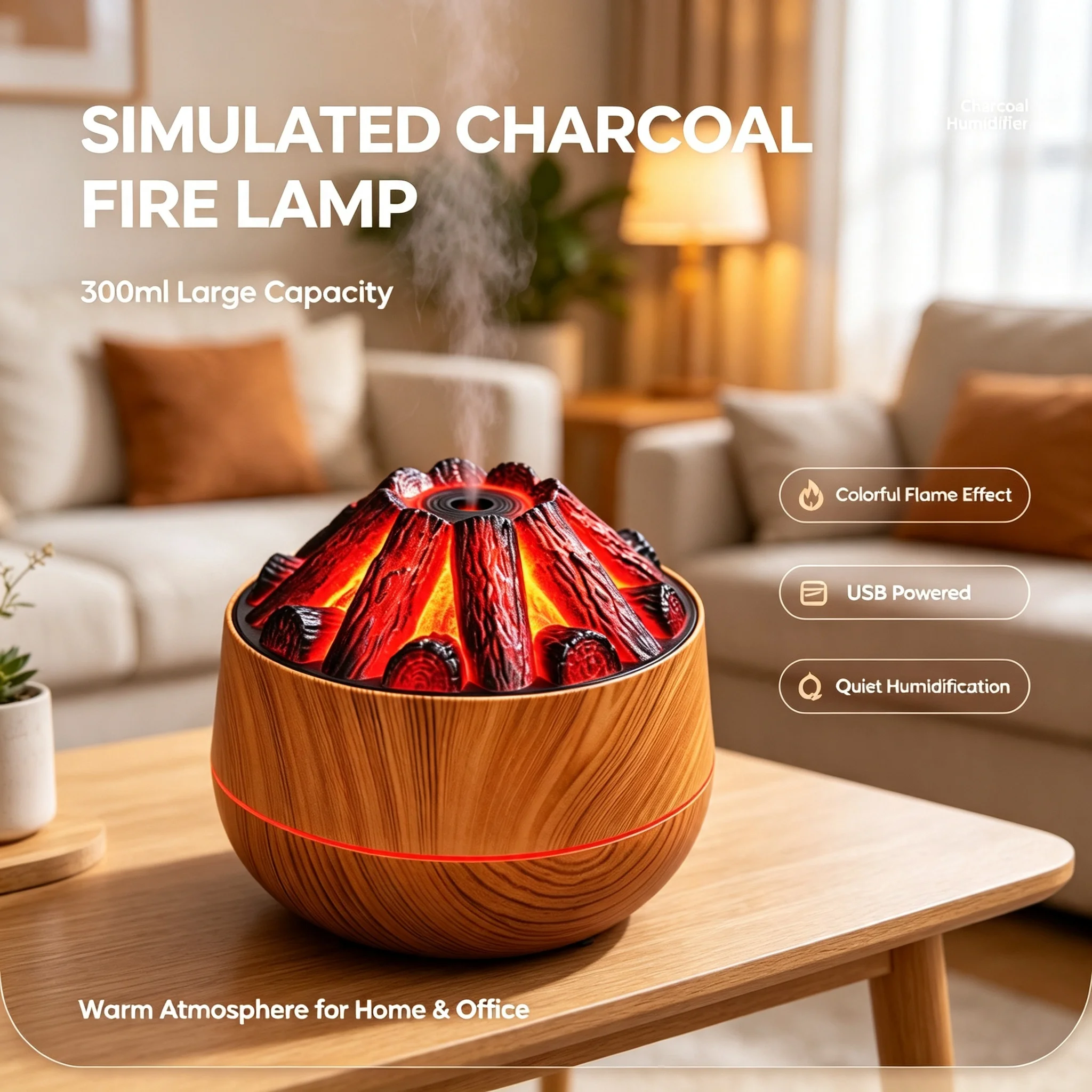 Ultrasonic Air Humidifier Simulated Charcoal Fire LED Flame Light Wood Grain Desktop Cool Mist Humidifier Essential Oil Diffuser