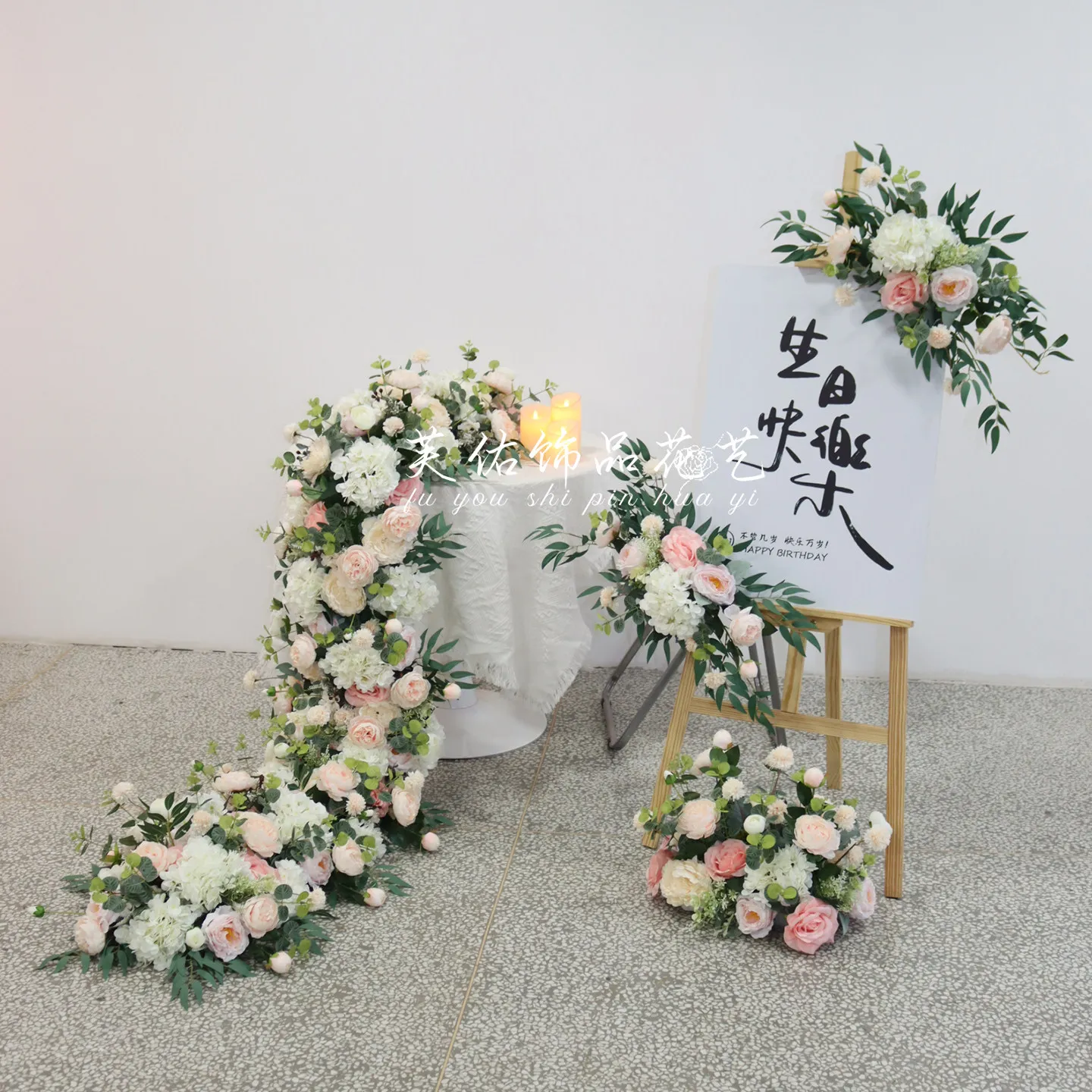 Wedding and birthday scene decorations, ox horn arch floral sets, realistic silk flower stage welcome background photography