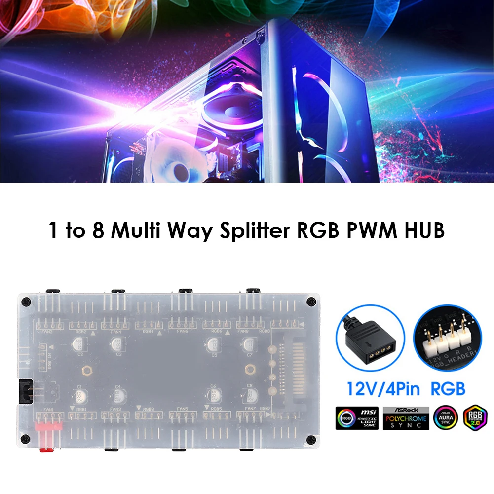 12V 4Pin/5V 3PIN Fan HUB Splitter Motherboard Sync ARGB/RGB PWM Fan Hub RGB Strip Splitter with Cable LED Light Strip Controller