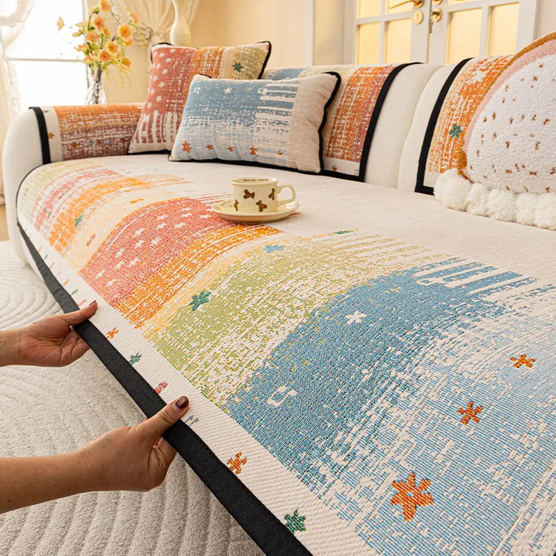 Dopamine Color-Block Sofa Cushion Chenille All-Season Seat Dustproof Pad Machine Washable Non-Slip Fixed Sofa Cover&Protector