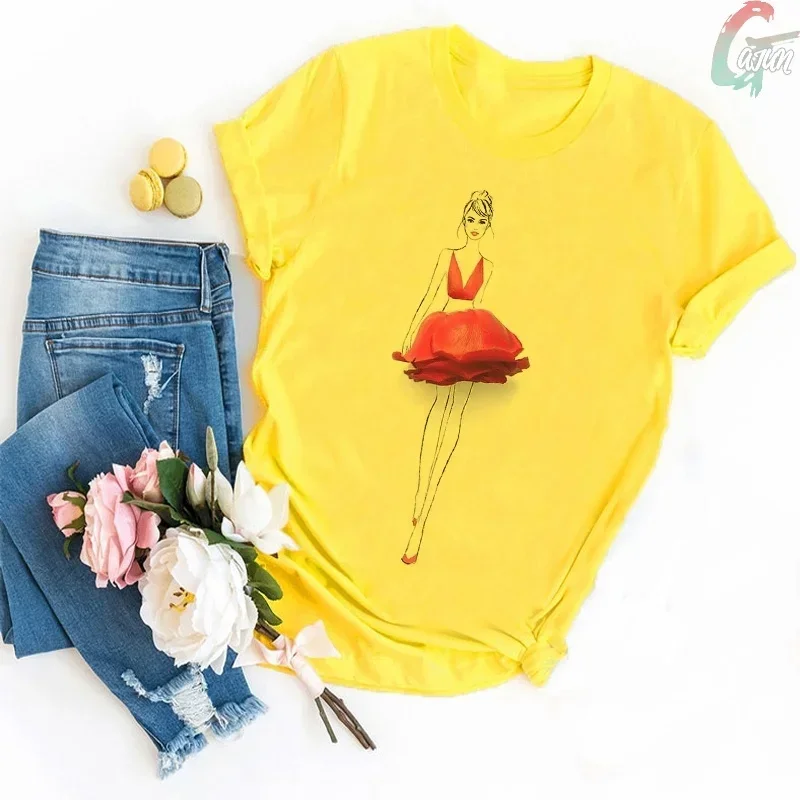 Yellow Fashion Streetwear Women T Shirt Harajuku Rose Girl Bouquet Print T-shirt Summer Sunflower Flowers Loose Casual Women Top