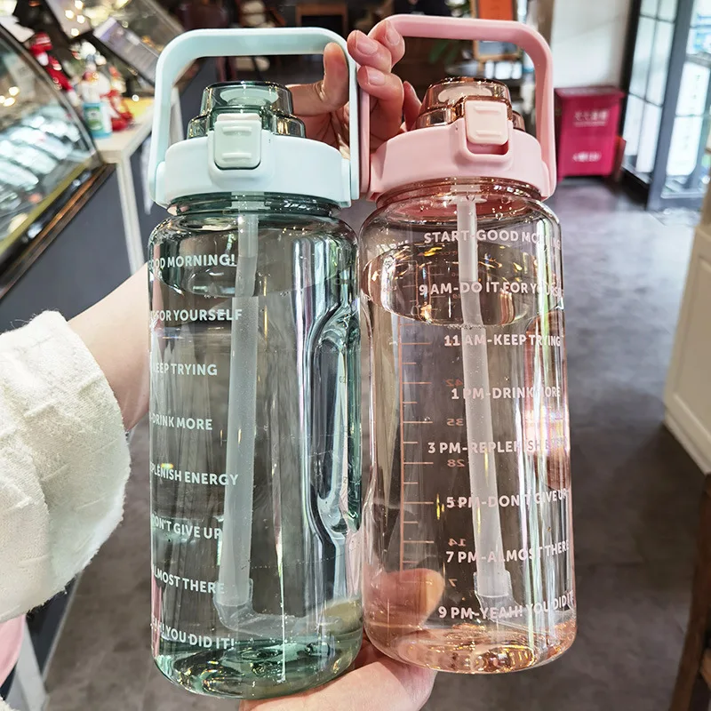 Large Capacity Water Cup 2000ml Space Cup Graduated Straw Male Female Outdoor Portable Plastic Water Bottle Sports Water Bottle