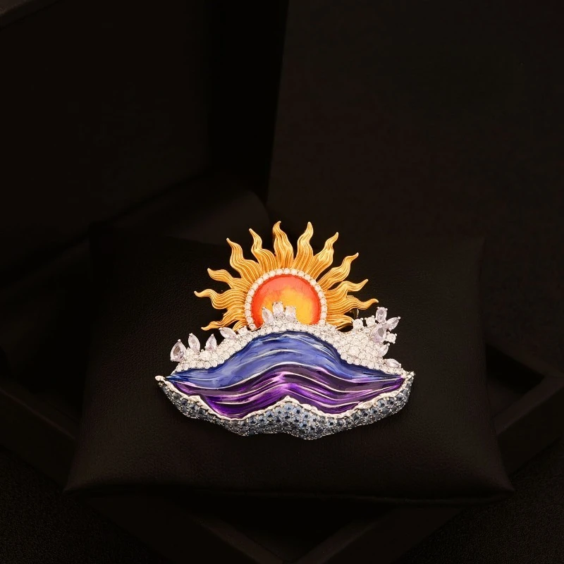 

Unique Artistic Sunrise Brooch Sun Mountain Wave Enamel Pin Luxury Rhinestone Suit Blazer Accessories Fashion Jewelry for Women
