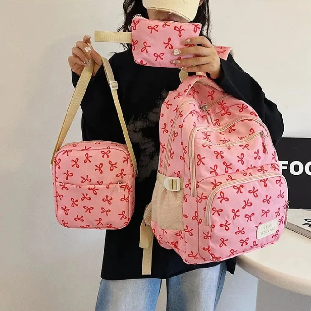 

3 Pcs/Set Cute Large Capacity Bow Backpack Nylon Bow Print School Bag Adjustable Strap Travel Backpack