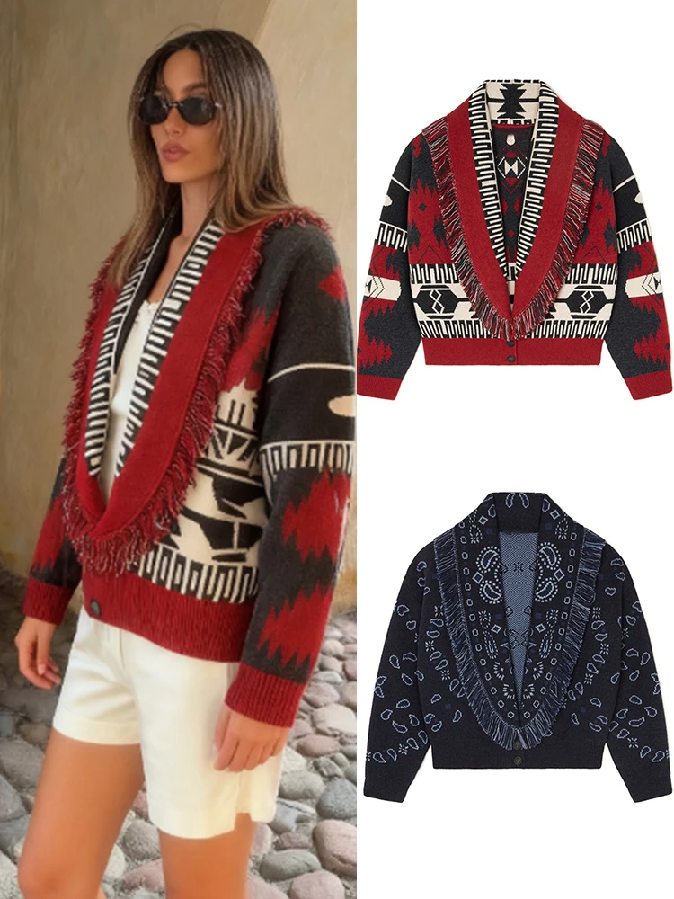 Tassel Print Deep V-neck Short Sweater Cardigan Women Long Sleeve Knitwear Female 2025 Fall Vintage Ladies Outwear