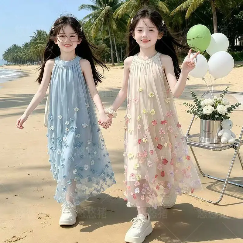 

Girls 3D Flower Tulle Dress, Sleeveless Halter Neck A-Line Long Maxi Dress Casual and Comfortable Summer Beach Sundress for Kids