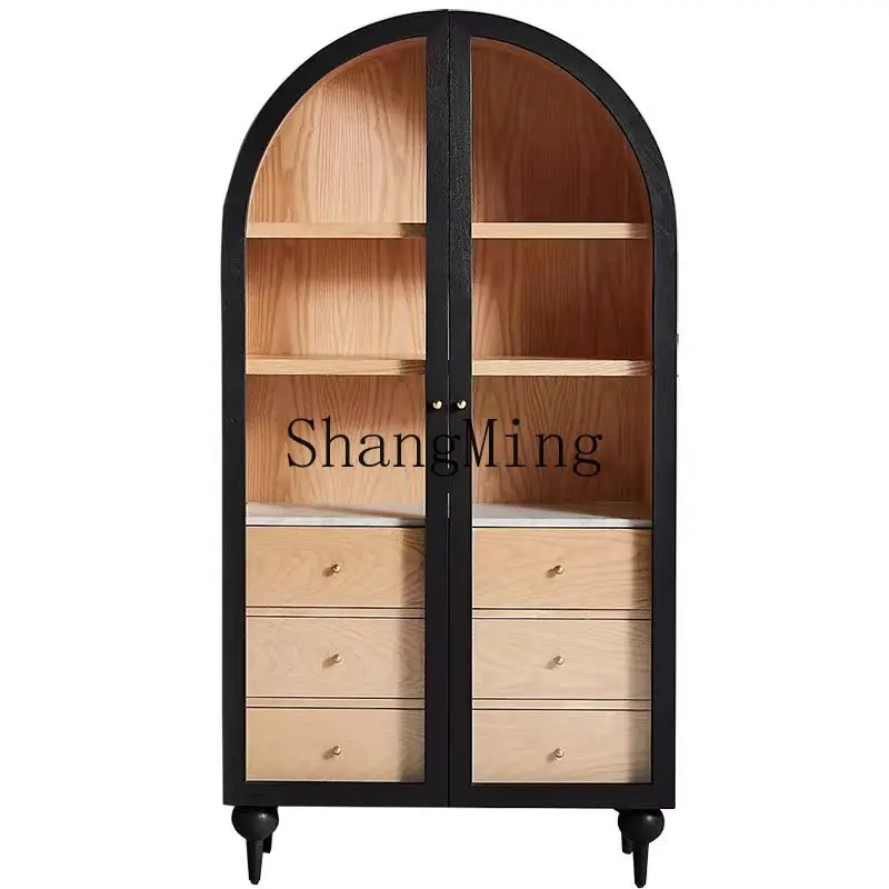 

ZYY retro old black arched double door solid wood bookcase color matching glass storage cabinet