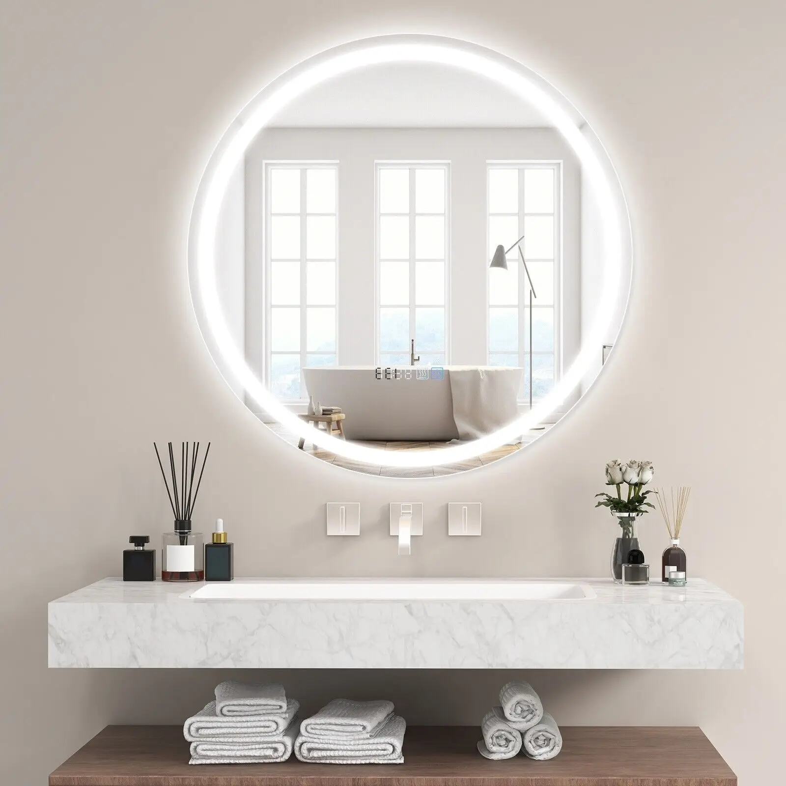 ERGOMASTER 80 x 80cm LED Bathroom Mirror Wall Mounted Round Mirror w/3-Color Lights