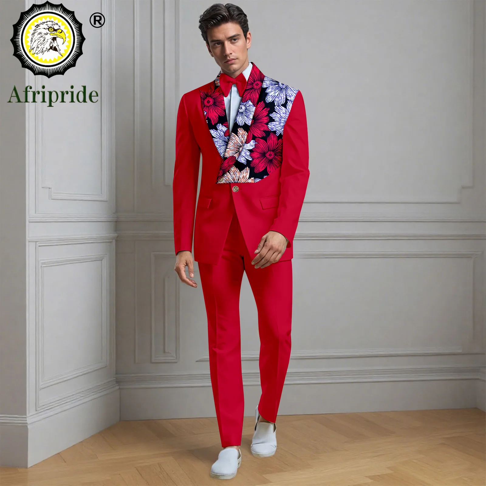 Men`s Business Suits Two Button Print Blazer with Bow Tie and Trousers 2 Piece Set Formal Clothes African Outfits 2516102