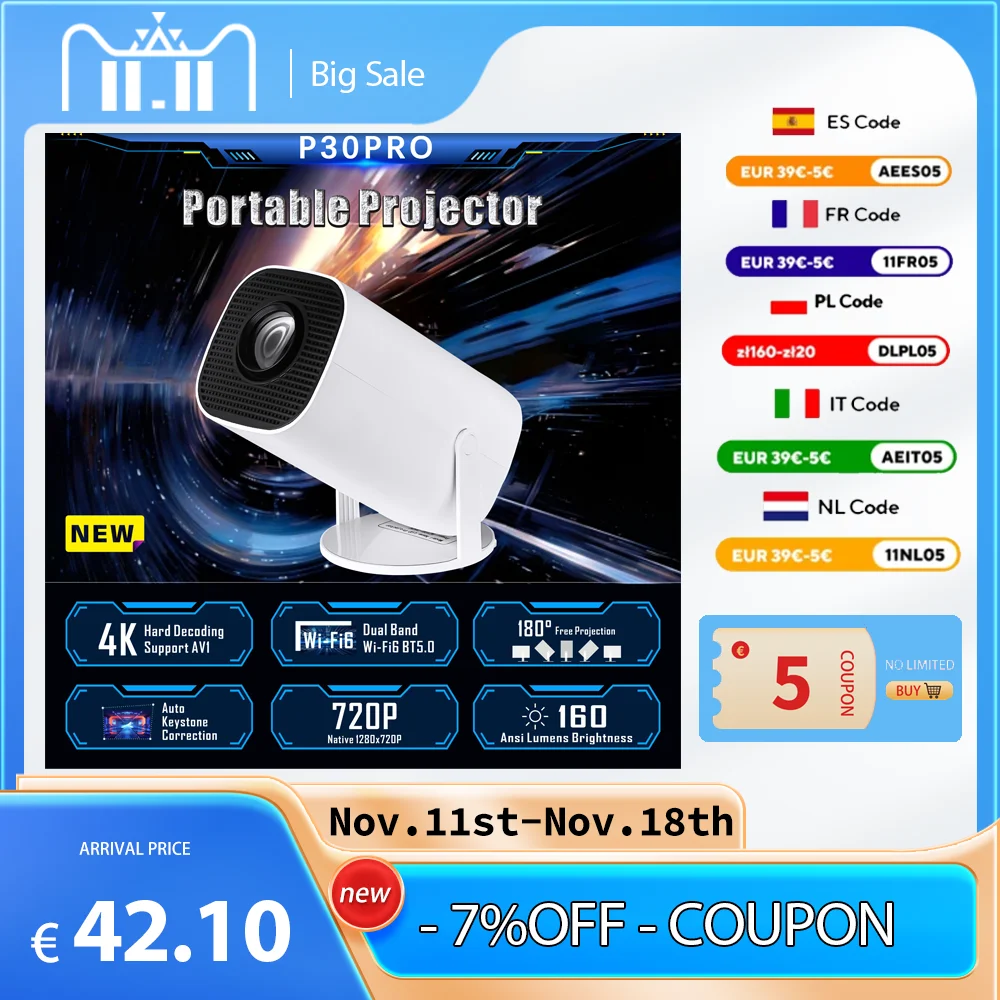 P30 Pro Mini Projector 4K Android 12.0 1080P Native 1280*720P Dual WIFI6 BT5.0 Outdoor Portable 180°Rotable Cinema Projector