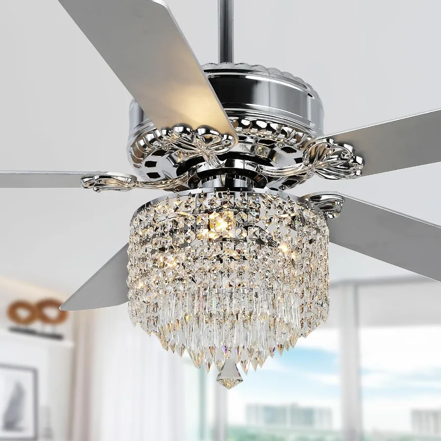 

52-Inch Crystal Ceiling Fan with Integrated LED Lighting for Modern Indoor Spaces Reversible 5-Blade Design with 3 Speed Settin