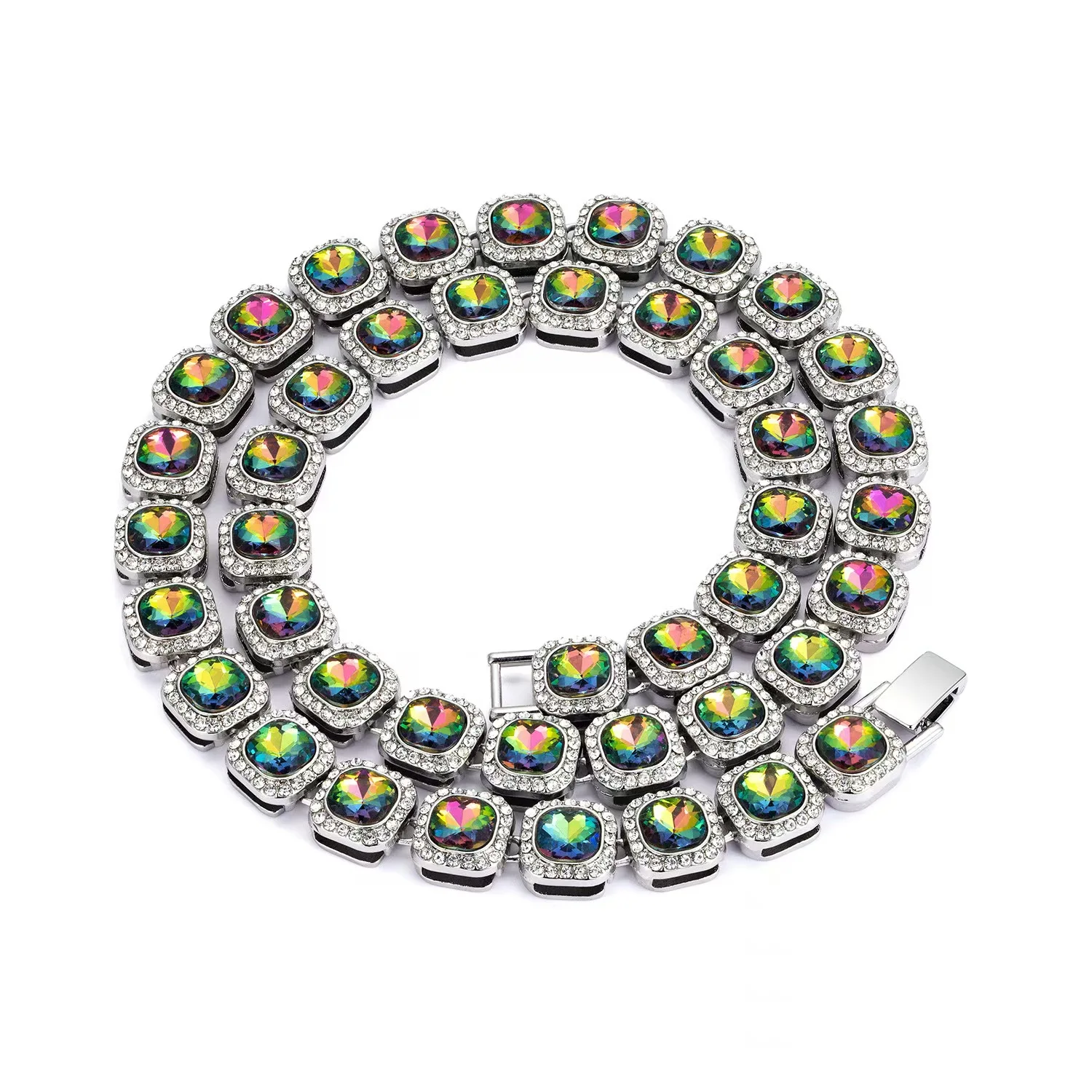 12mm Iced Out Bling Rot Schwarz Quadrat Cz Stein Strass 2tone Farbe Baguette Tennis Kette Sicherheitsverschluss Halsband Halskette Hiphop
