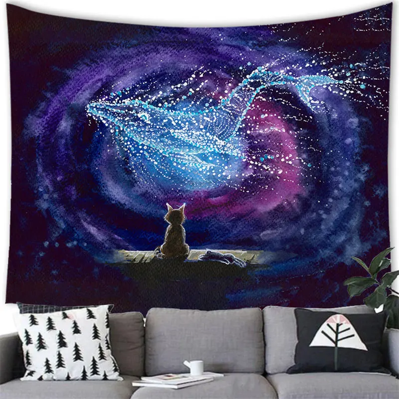 VIKAMA Purple Galaxy Cat Tapestry Wall Hanging Starry Whale Nebula Dreamy Trippy Aesthetic Wall Art Bedroom Dorm Decor