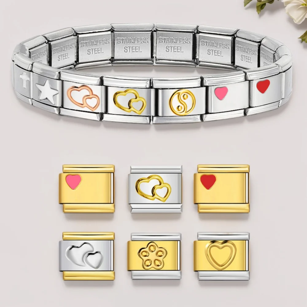 Trendy Basics Women Men Love Heart Bangles Stainless Steel Charms Italian Link Fit 9mm Jewelry Making Beads DIY Couple Bracelets