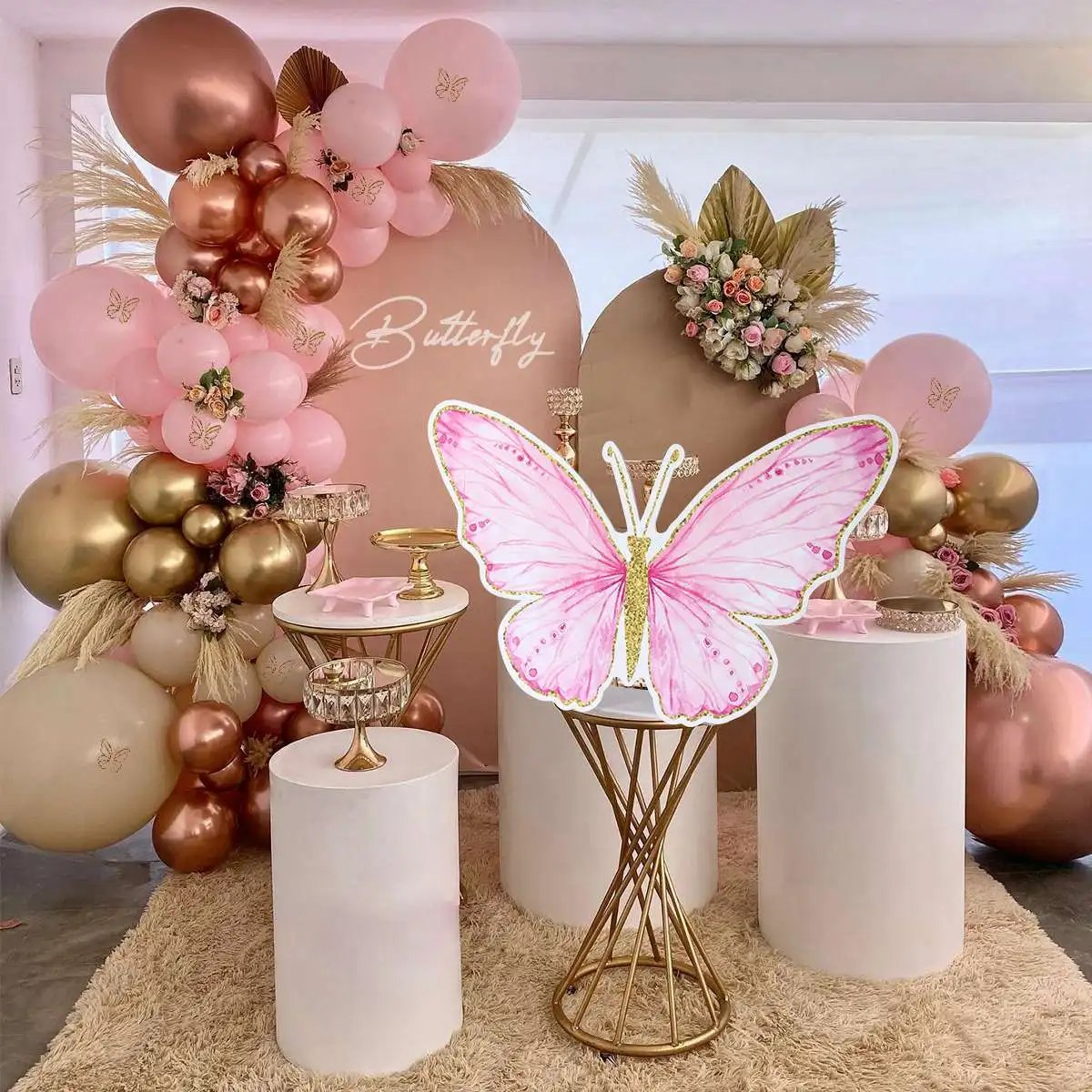 Fundo de Borboleta Rosa para Crianças, KT Board, Decorações De Festa De Aniversário, Decoração De Casamento, 1 °, 1 Ano, Baby Shower