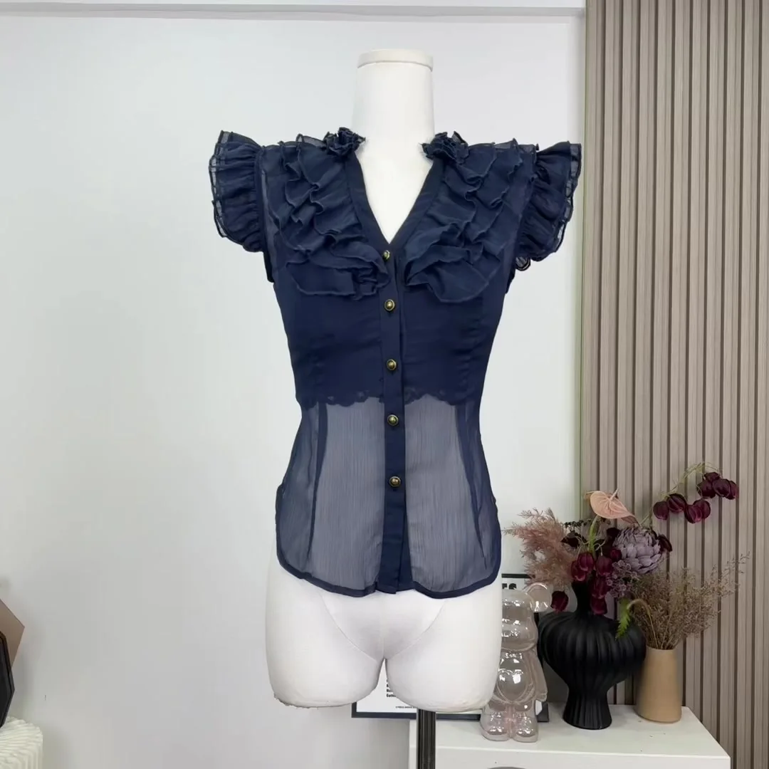 

2025 Summer Women French Vintage Ruffle Shirt V-Neck 2000s Aesthetic Design Blouses Elegant Coquette Gyaru Sleeveless Kawaii