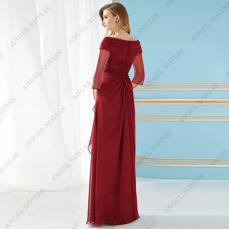 Customized Long Red Off the Shoulder Chiffon Mother of Bride Dresses with 3/4 Sleeves vestidos de fiestas elegantes mujer