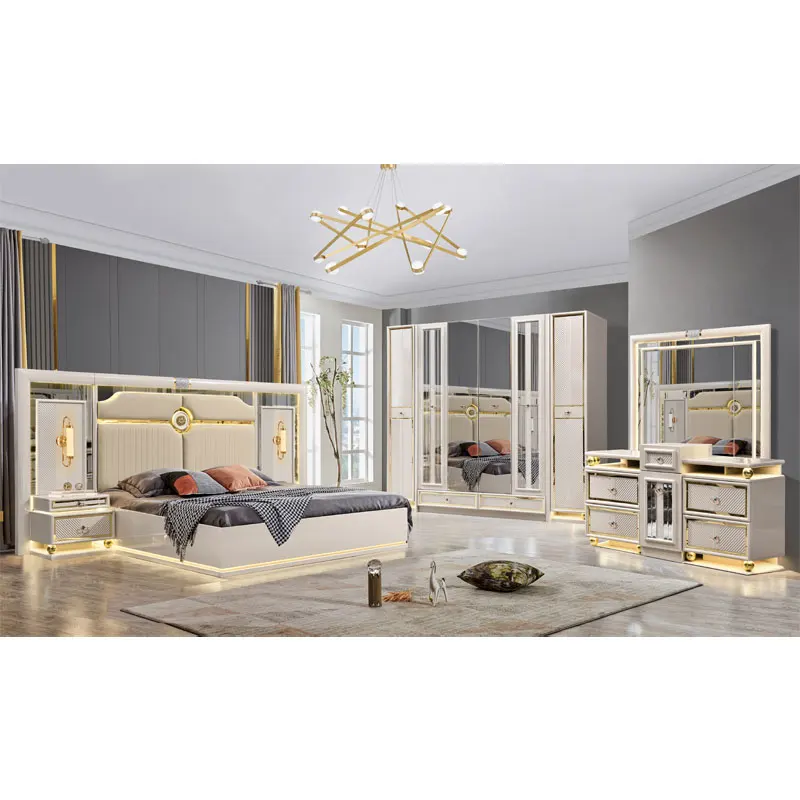 Royal Style Wood Frame Leather Double  King Size Bed Home Gold Wooden MDF Luxury Full Bedroom Furniture Set